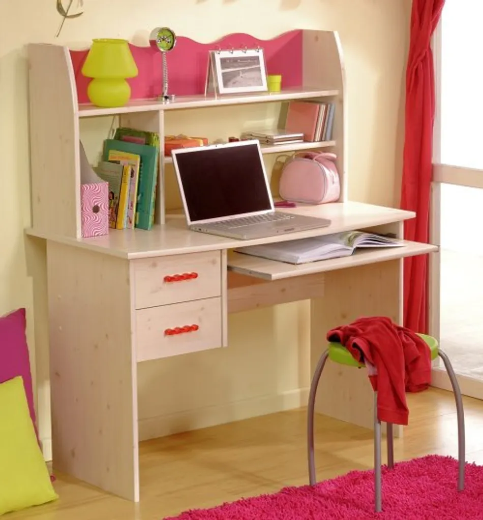 Kinderschreibtisch Mädchentisch 2257-BUR1 in Kiefer-Weiss / Absetzungen Pink